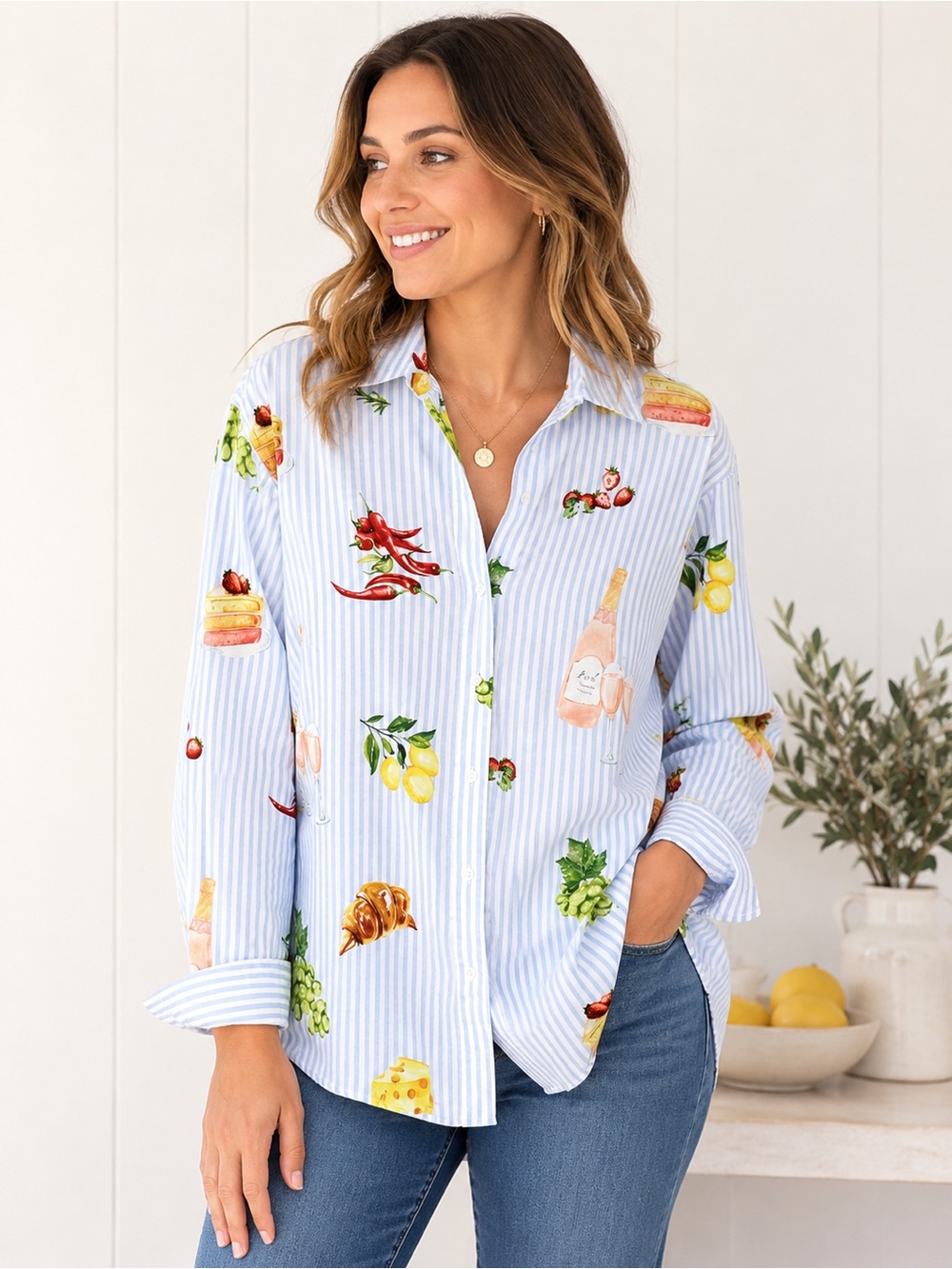 Eliane Rose Novelty Brunch/Food Print Cotton Button Down Shirt Blue Stripe XL